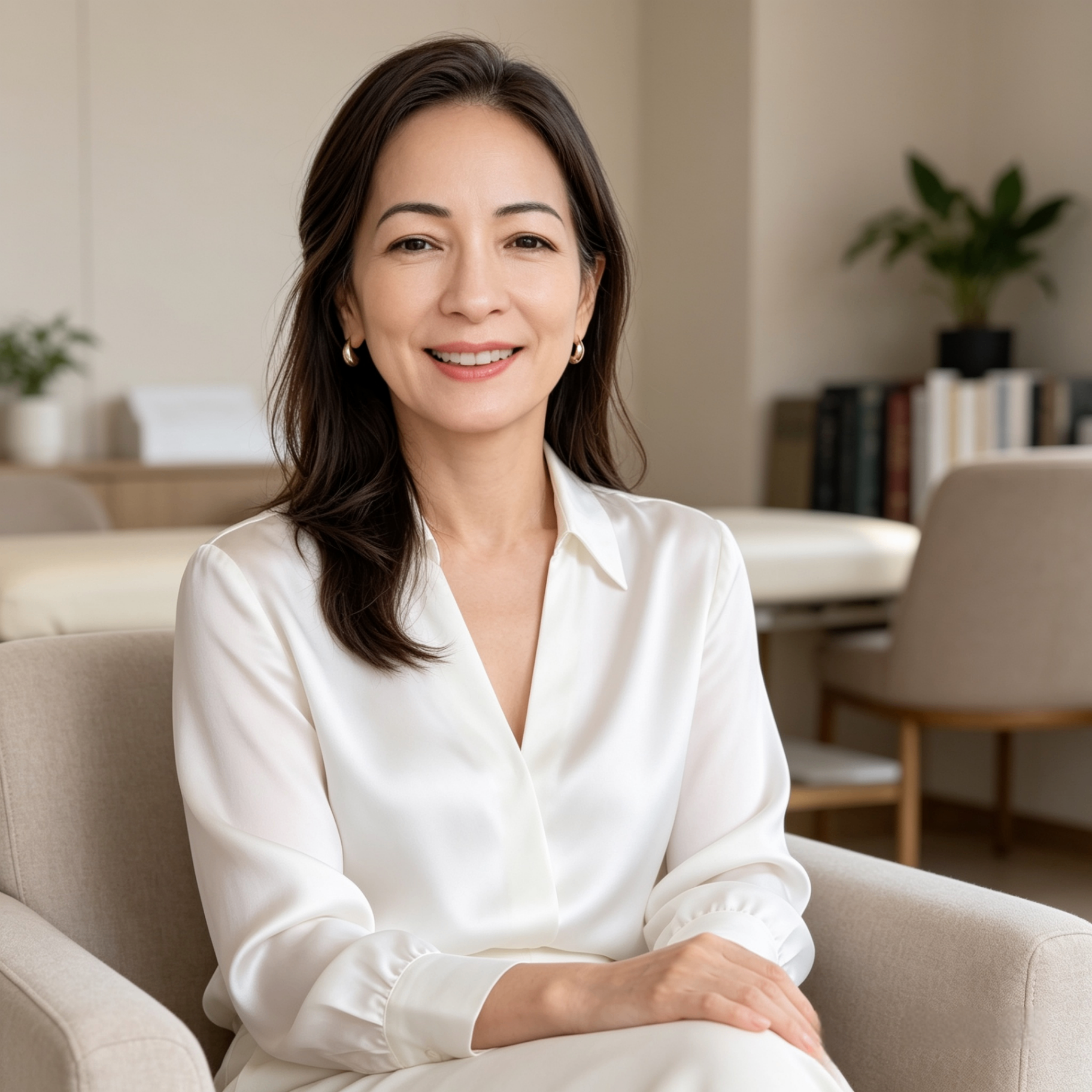 Simone Takeuchi sentada em seu espaço de atendimento